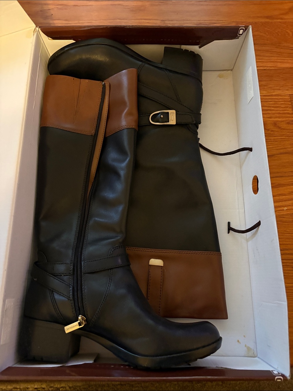 Bandolino Black and Brown Knee-High Heeled Wide Calf Riding Boots